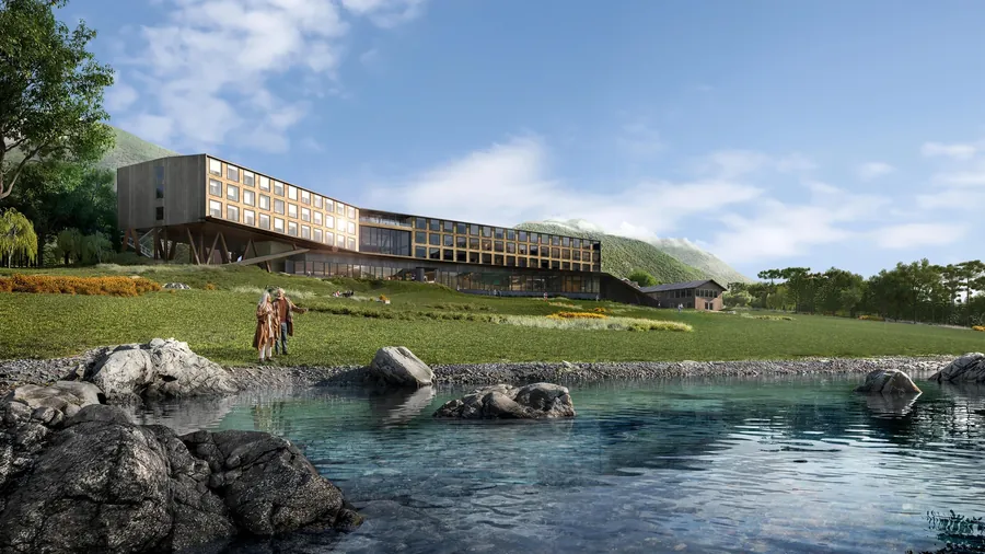 Rendering of the Silversea hotel The Cormorant at 55 South on the shore at Puerto Williams, Chile